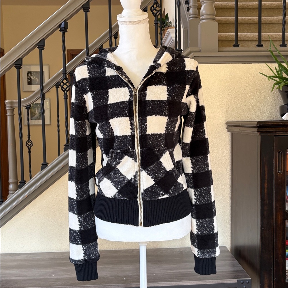 Jack by BB Dakota black and cream buffalo check zipper hoodie size M